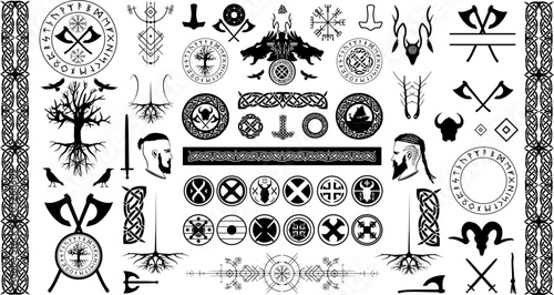 Großes Vektor Set - Wikinger Symbole, Runen, Ornamente und Grafiken - Nordische Mythologie photo