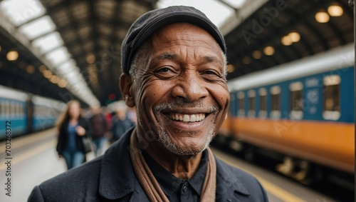 Joyful African American senior man at the train station with a beaming smile and wearing a cap.