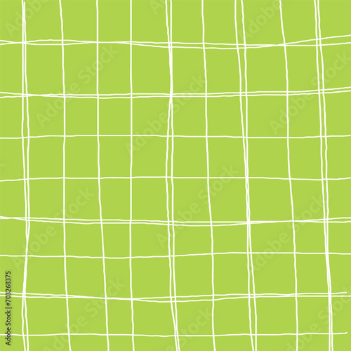 Hand drawn green white plaid pattern. Check, square doodle background. Line art freehand grid. Crossing white stripes brush stroke. Notebook Texture. Abstract Psychedelic print with Wavy Doodle