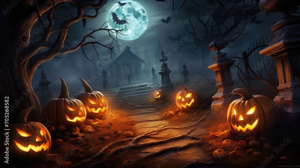 Jack_O_Lanterns In Graveyard In The Spooky Night Halloween Background Jack_O_Lanterns In Graveyard In The Spooky Night Halloween Background