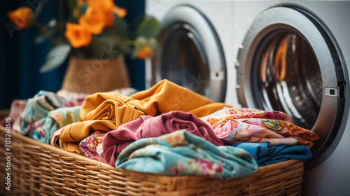  Laundry room with a washing machine and basket of clothes to wash. Dryers and washing machines with dirty clothes to wash. Homework.