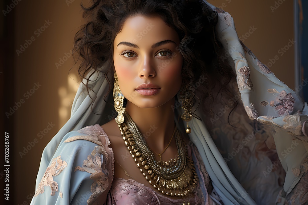 A stunning portrayal of ethnic beauty, with a joyful model donning luxurious makeup against a backdrop of gentle, dreamy periwinkle hues. A stunning portrayal of ethnic beauty, with a joyful model donning luxurious makeup against a backdrop of gentle, dreamy periwinkle hues.