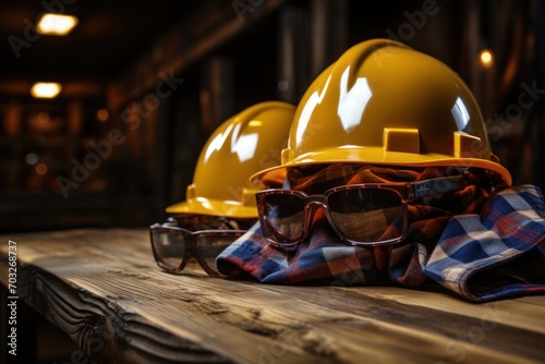 Safety hat and goggles resting on wood, construction site photo photo
