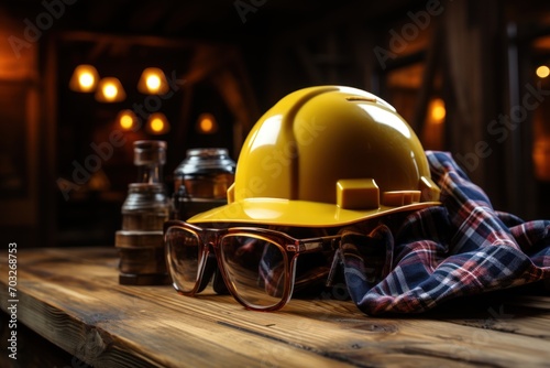 Protective hat and goggles on wood, construction image