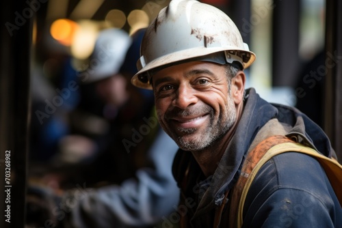 A friendly construction worker in a hard hat is smiling and leaning toward the camera, construction image