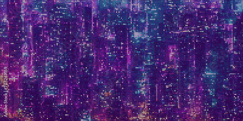 Abstract halftone dotted digital technology background with futuristic night city and neon light effect. Cyberpunk and retrowave design for technology, hi-tech and science concept. Vector illustration