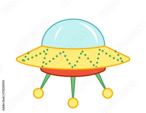 Yellow red ufo on legs. Cosmic ship. Cartoon, vector