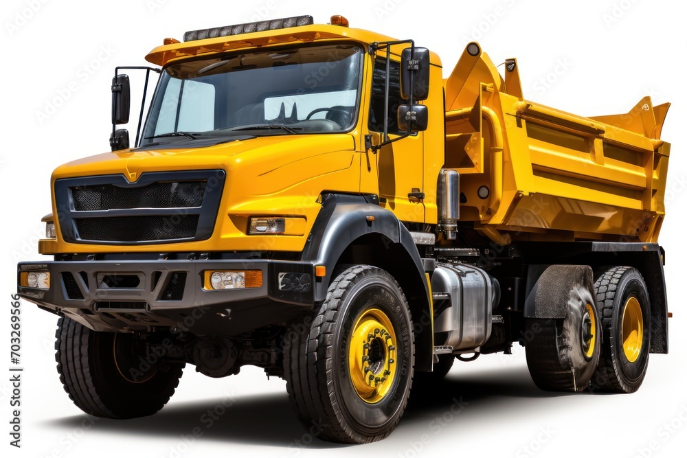 Bright yellow dump truck against a clean white backdrop, construction image