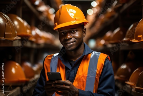 A worker wearing of a hard hat capturing images on phone at the construction site, construction image