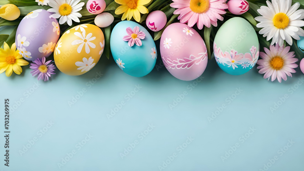 Pastel colored easter eggs and spring flowers on blue background.Top view, flat lay.Easter banner for design with copy space.Generative AI