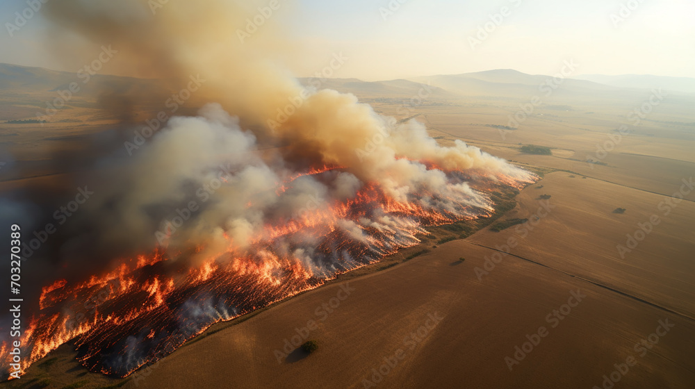 Dry grass burns on meadow in countryside at sunset. Wild fire burning dry grass in field. Orange flames and billowing smoke. Open fire.