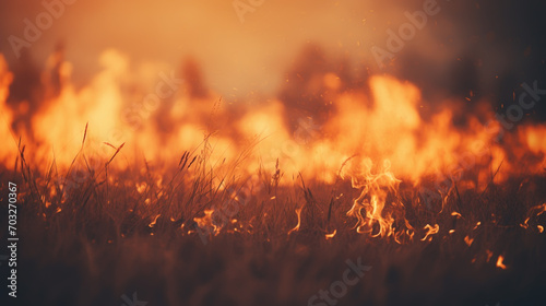 Dry grass burns on meadow in countryside at sunset. Wild fire burning dry grass in field. Orange flames and billowing smoke. Open fire. photo