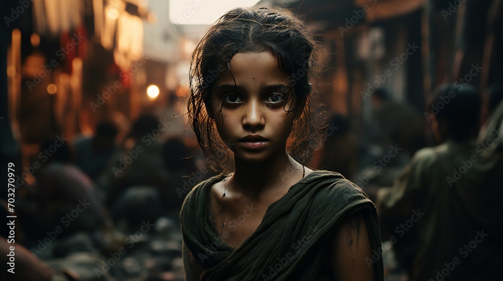 front view of a girl, in the area of slum front view of a girl, in the area of slum