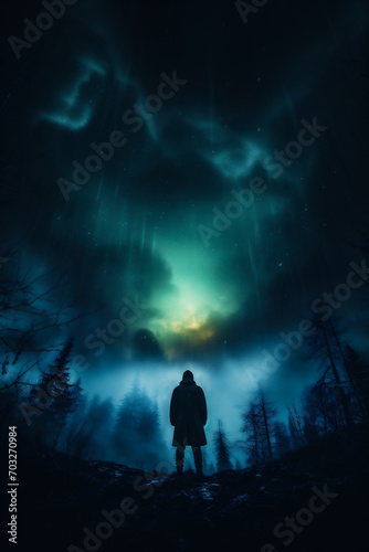 Man in the dark forest at night. Foggy mystical landscape.