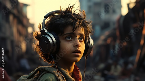 front view of a Indian boy, in the area of slum, headphone