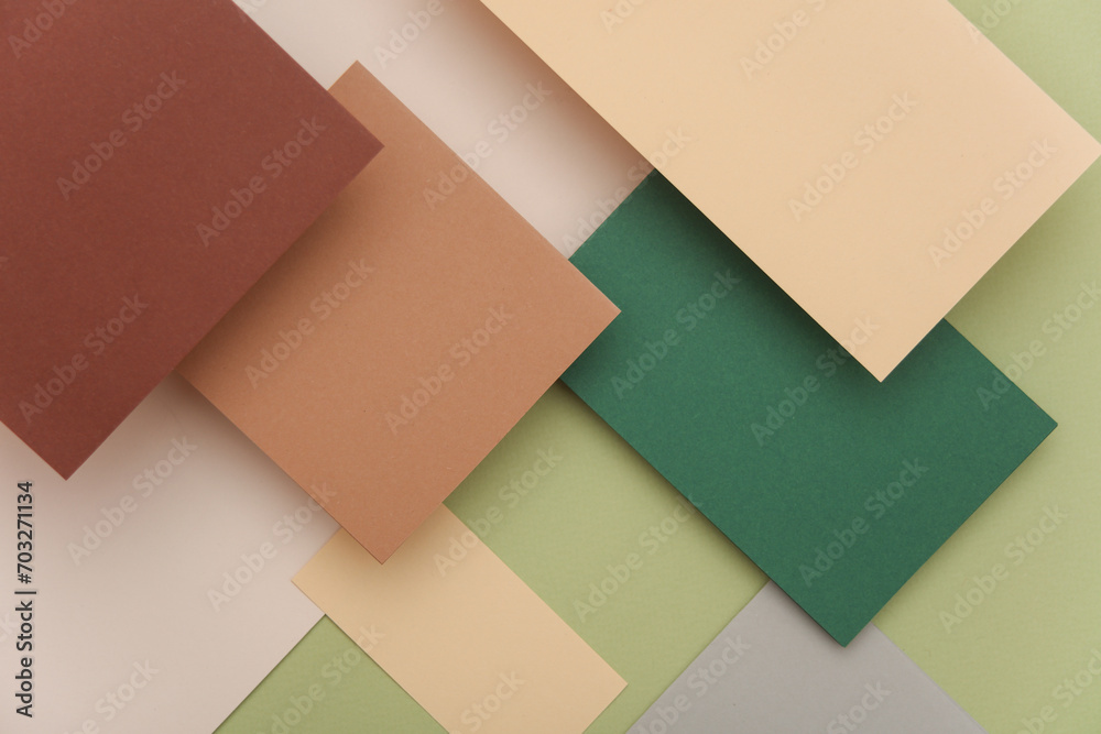 Group of floating colored blank cards sheet with shadow on beige green background. Minimalism business brand template, creative layout Group of floating colored blank cards sheet with shadow on beige green background. Minimalism business brand template, creative layout