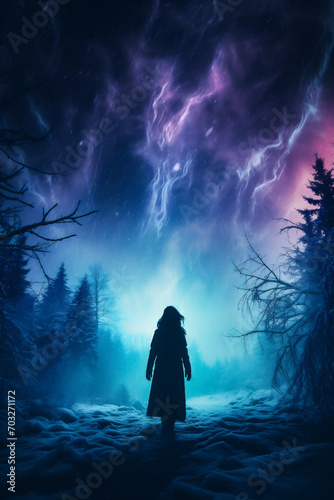 Woman in the forest with aurora borealis in the background.