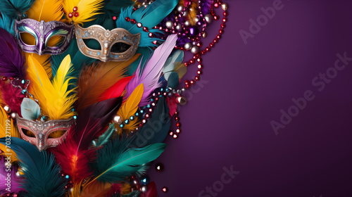 Colourful mardi gras beads, feathers and carnival masks on multi single colored background with copy space top view copy space in background, Ai generated image © TrendyImages