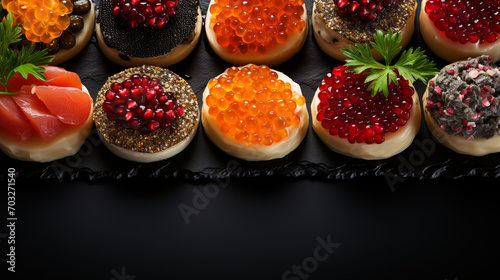 crackers with cream cheese red and black caviar, horizontal