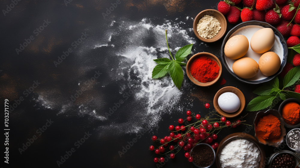 Ingredients for cooking baking, baking background. Flour, sugar, eggs, spices and utensil on black background. Top view with copy space. Ingredients for cooking baking, baking background. Flour, sugar, eggs, spices and utensil on black background. Top view with copy space.