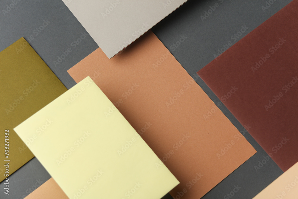 Group of floating colored blank cards sheet with shadow on dark gray background. Minimalism business brand template, creative layout Group of floating colored blank cards sheet with shadow on dark gray background. Minimalism business brand template, creative layout