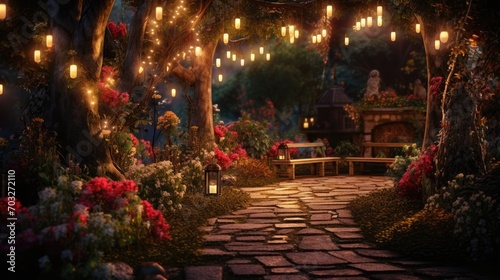garden decorated with fairy lights