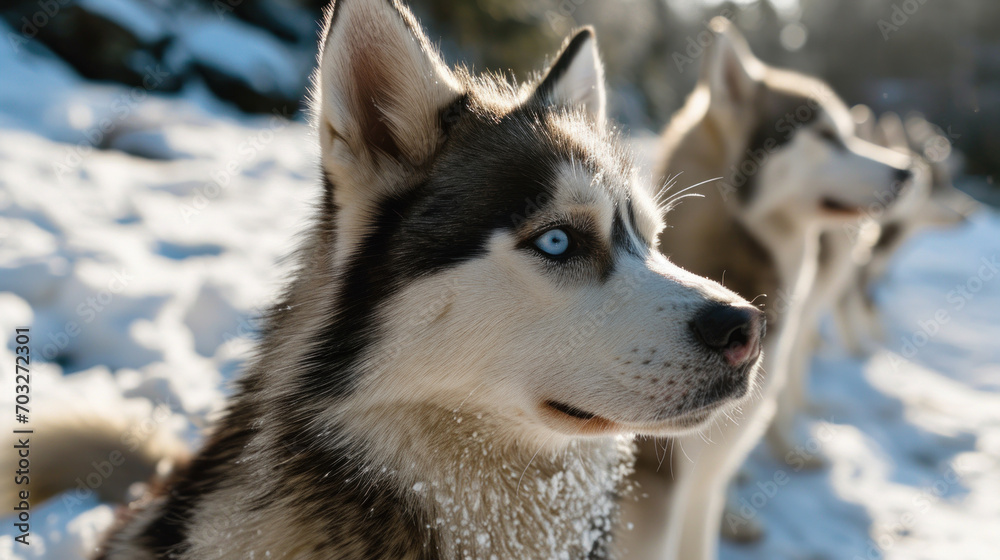 Close-up of a pack of Siberian Husky dogs