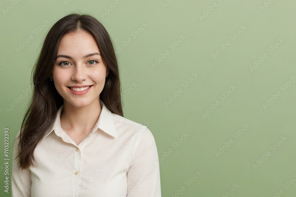 Businesswoman confidently smiling against the green background with copy space. Environment concept. Businesswoman confidently smiling against the green background with copy space. Environment concept.