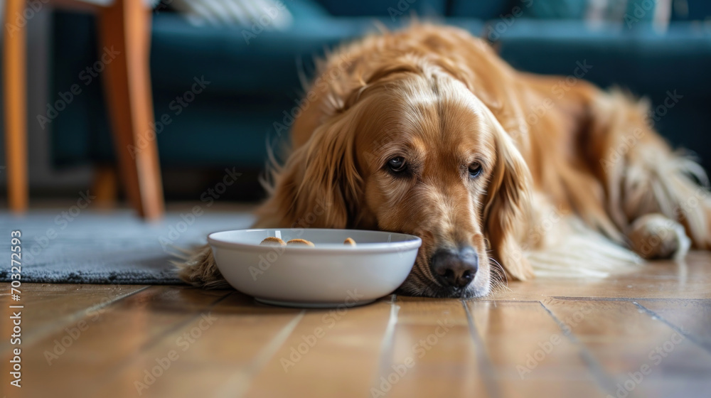 A dog eating from white bowl