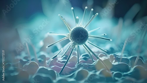 A magnified of a bacteriophage, a virus that specifically infects and kills bacteria, highlighting the potential of phage therapy as an alternative to antibiotics in fighting resistant photo