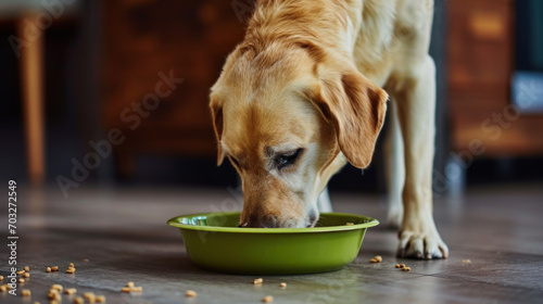 Dog eating from green bowl