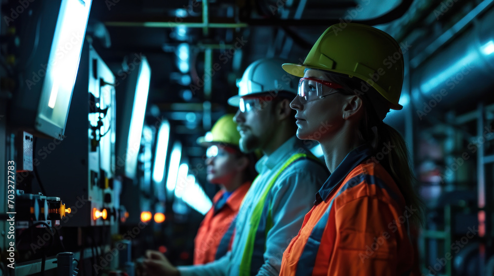 Group engineering working at nuclear power plant