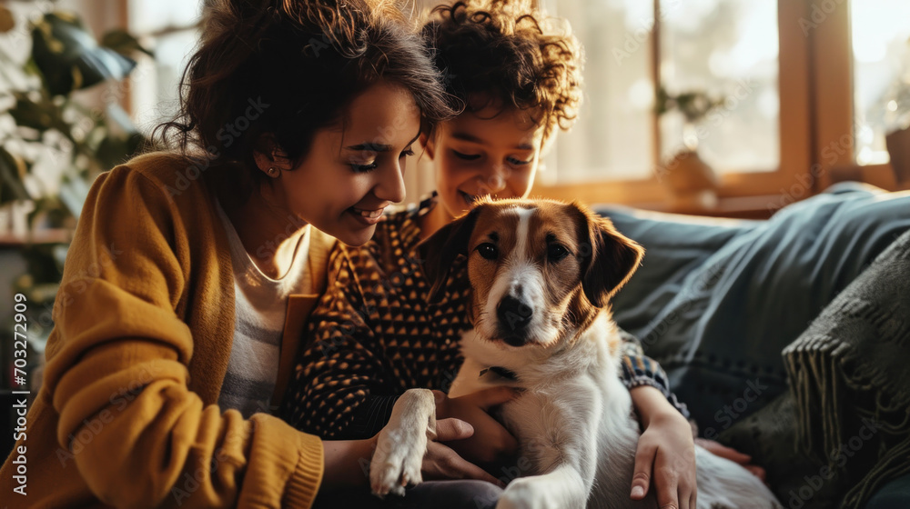 Happy mother and son at home petting their dog Happy mother and son at home petting their dog