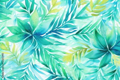 Watercolor Tropical Leaves in Lush Shades of Blue and Green. Generative AI"