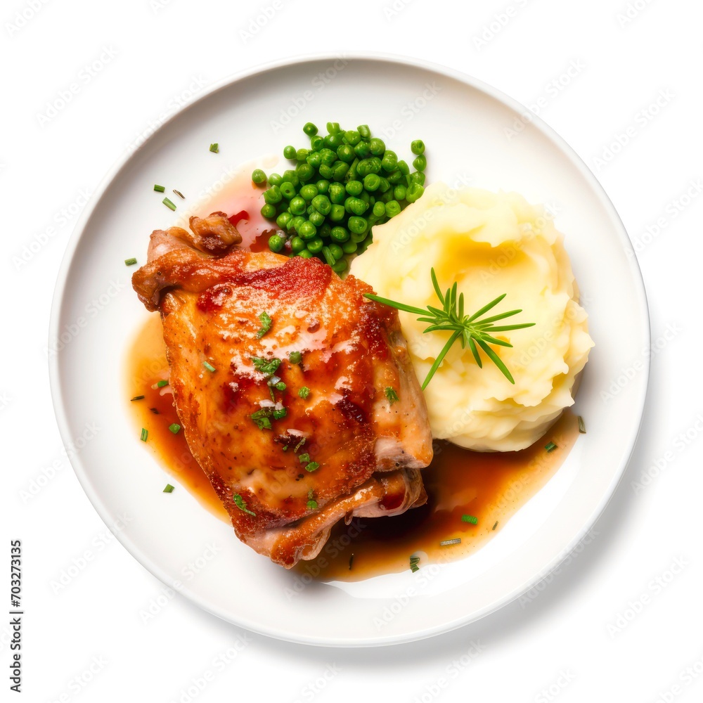 Plate of mashed potatoes, fried chicken and peas on white background, top view. Plate of mashed potatoes, fried chicken and peas on white background, top view.
