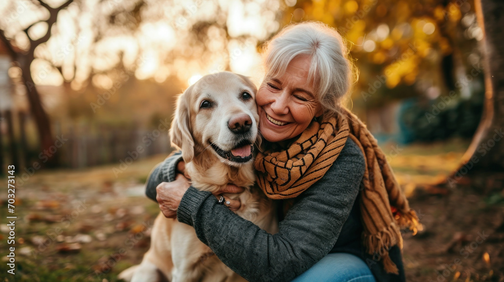 mature woman hugging her dog outside in her yard mature woman hugging her dog outside in her yard