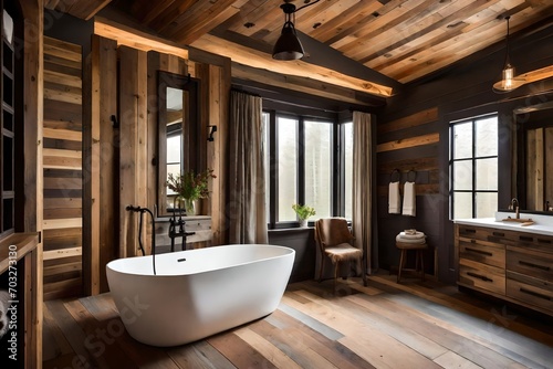 Wooden Elegance: Modern Bathroom with All-Wood Design and White Bathtub - Serene Harmony of Natural Elements and Contemporary Luxury | Aesthetic and Relaxing Bathing Space.