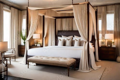 Cozy Retreat: Bedroom Interior with Canopy Bed and Curtains - Intimate Design, Soft Textures, and Serene Atmosphere | Aesthetic and Comfortable Sleeping Sanctuary.