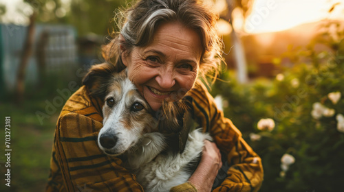 mature woman hugging her dog outside in her yard photo