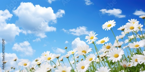Sunny Meadow of White Daisies Under a Majestic Cloud-Filled Sky. Generative AI © Gelpi