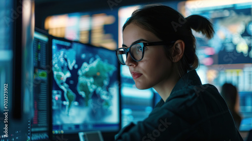 young woman programmer surrounded by computer monitors in the office for operation