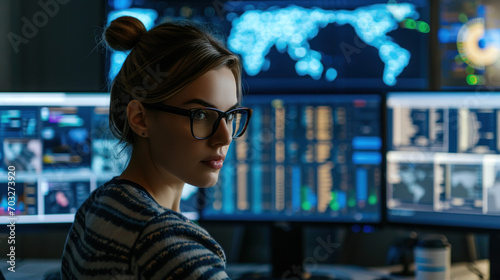 young woman programmer surrounded by computer monitors in the office for operation