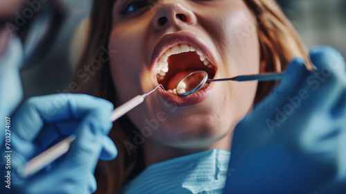 dentist holding the angled mirror and hook while examining teeth the patient