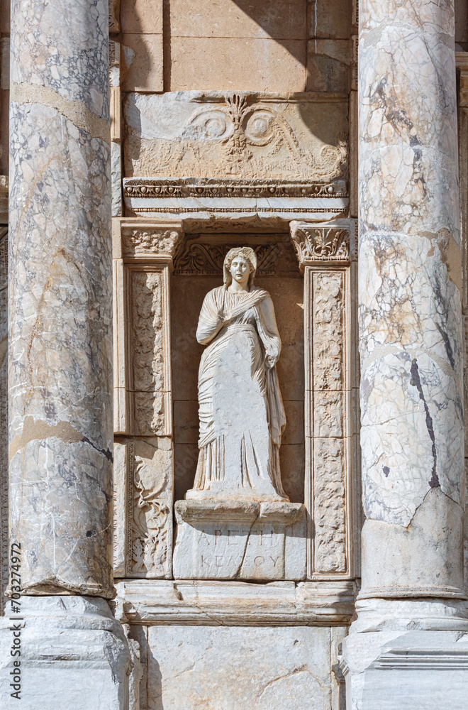 Statue of Arete, Greek personification of virtue in the Library of Celsus. October 25, 2023. Selcuk, Izmir, Turkey