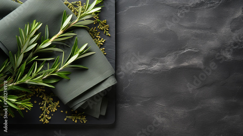 Folded black napkins on black stone background with green leaves. Eco friendly Mock up for display or montage of dishes, food or washing detergent. photo