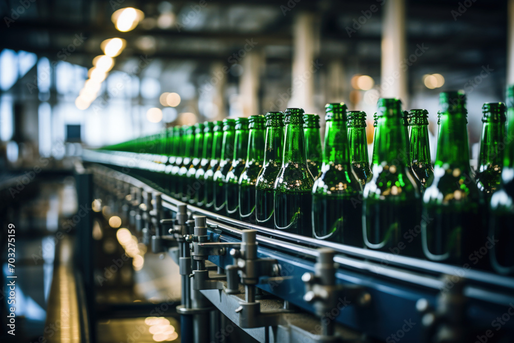 Brewery conveyor glass beer drink alcohol bottles, modern production line. Blurred background. Selective focus.Factory for the production of beer cider. Bottling plant manufacturing bottling drinks.  - obrazy, fototapety, plakaty 