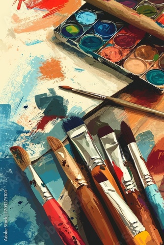 Paint brushes and paint cans on a wooden table. Vector illustration.
