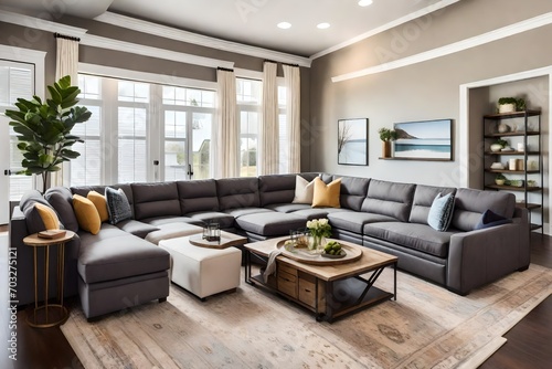 Sophisticated Serenity: Living Room Interior with Elegant Grey Sofas - Contemporary Design, Neutral Tones, and Timeless Comfort   Aesthetic and Inviting Space for Modern Living. © muhammad