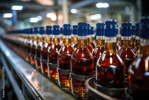 Factory for the production of liquor. Blurred background. Selective focus. Brewery conveyor glass cognac drink alcohol bottles, modern production line. Manufacturing bottling drinks bottling plant