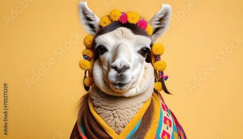 Lama dressed in hippy clothes on yellow background. Humanization of animals concept © Antonio Giordano